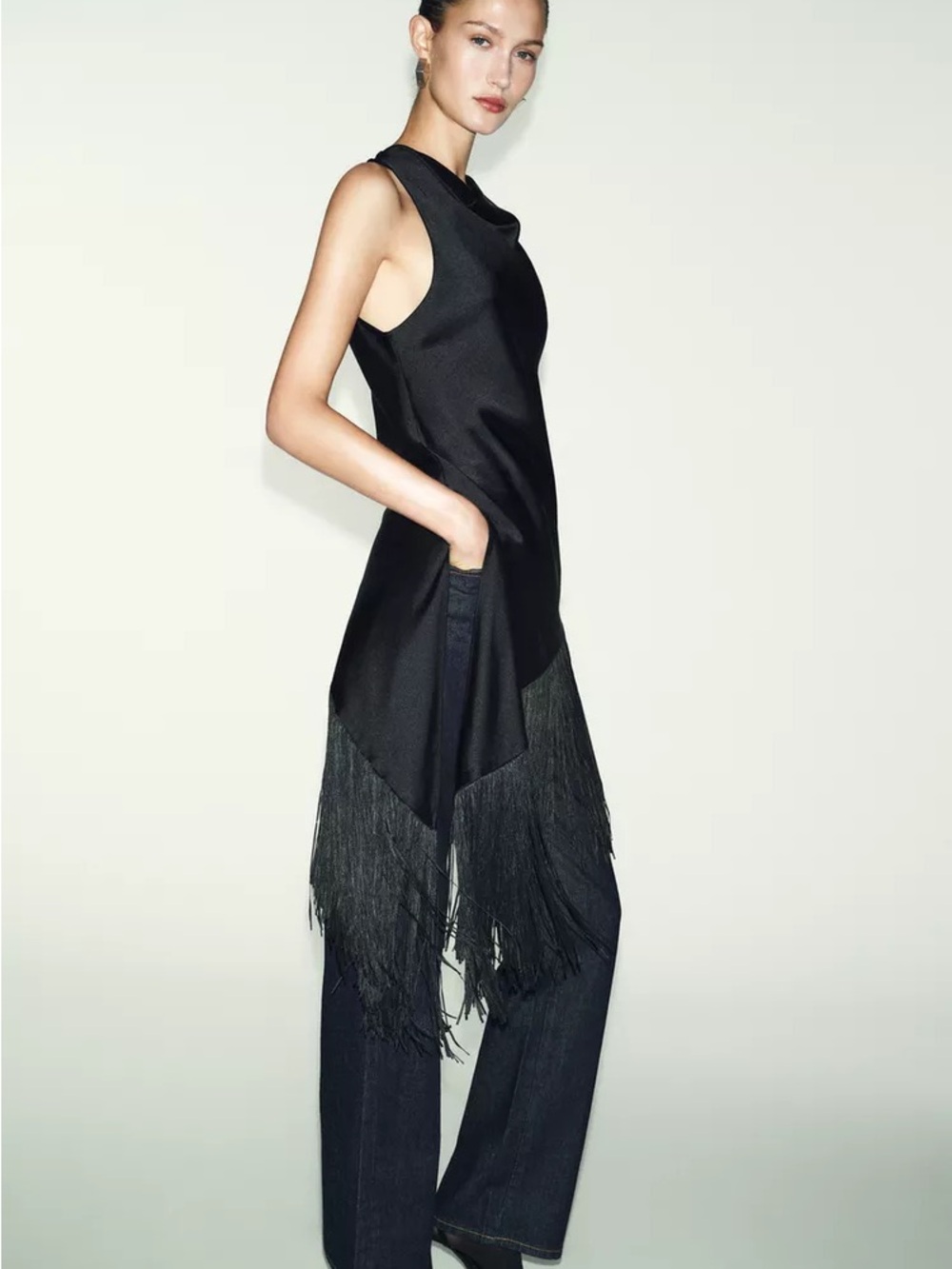 Zara Black Sleeveless Fringe Tunic with Wide-Leg Pants